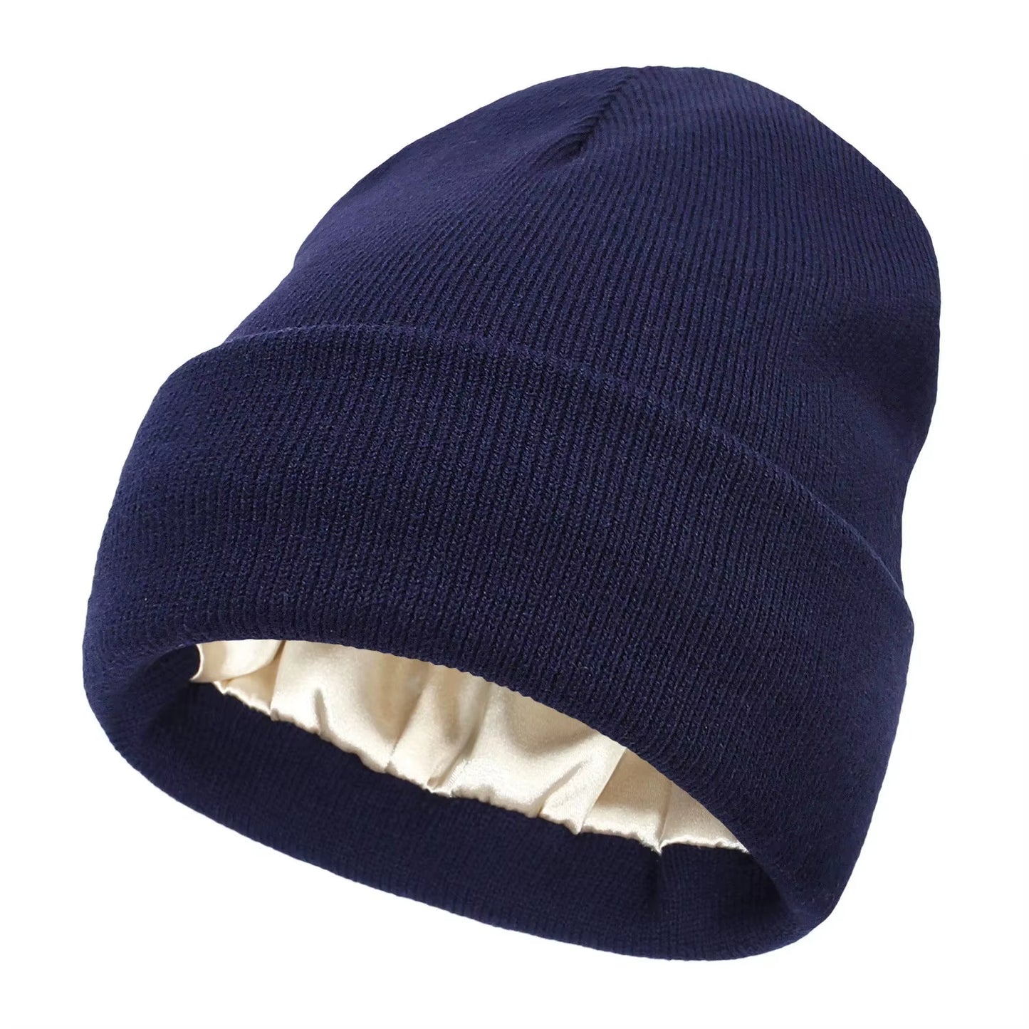 Unisex Satin Lined Beanie Hat for Women Winter Silk Lining Slouchy Warm Cuffed Skullies 2Layer Hair Cover Sleep Cap