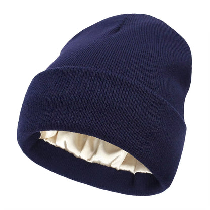 Unisex Satin Lined Beanie Hat for Women Winter Silk Lining Slouchy Warm Cuffed Skullies 2Layer Hair Cover Sleep Cap