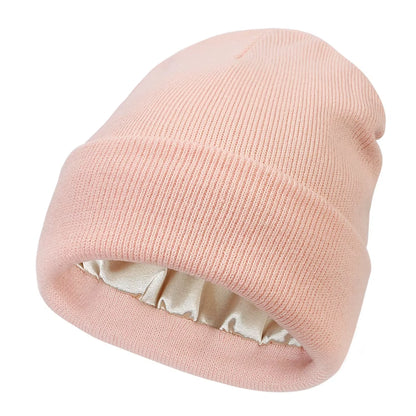 Unisex Satin Lined Beanie Hat for Women Winter Silk Lining Slouchy Warm Cuffed Skullies 2Layer Hair Cover Sleep Cap