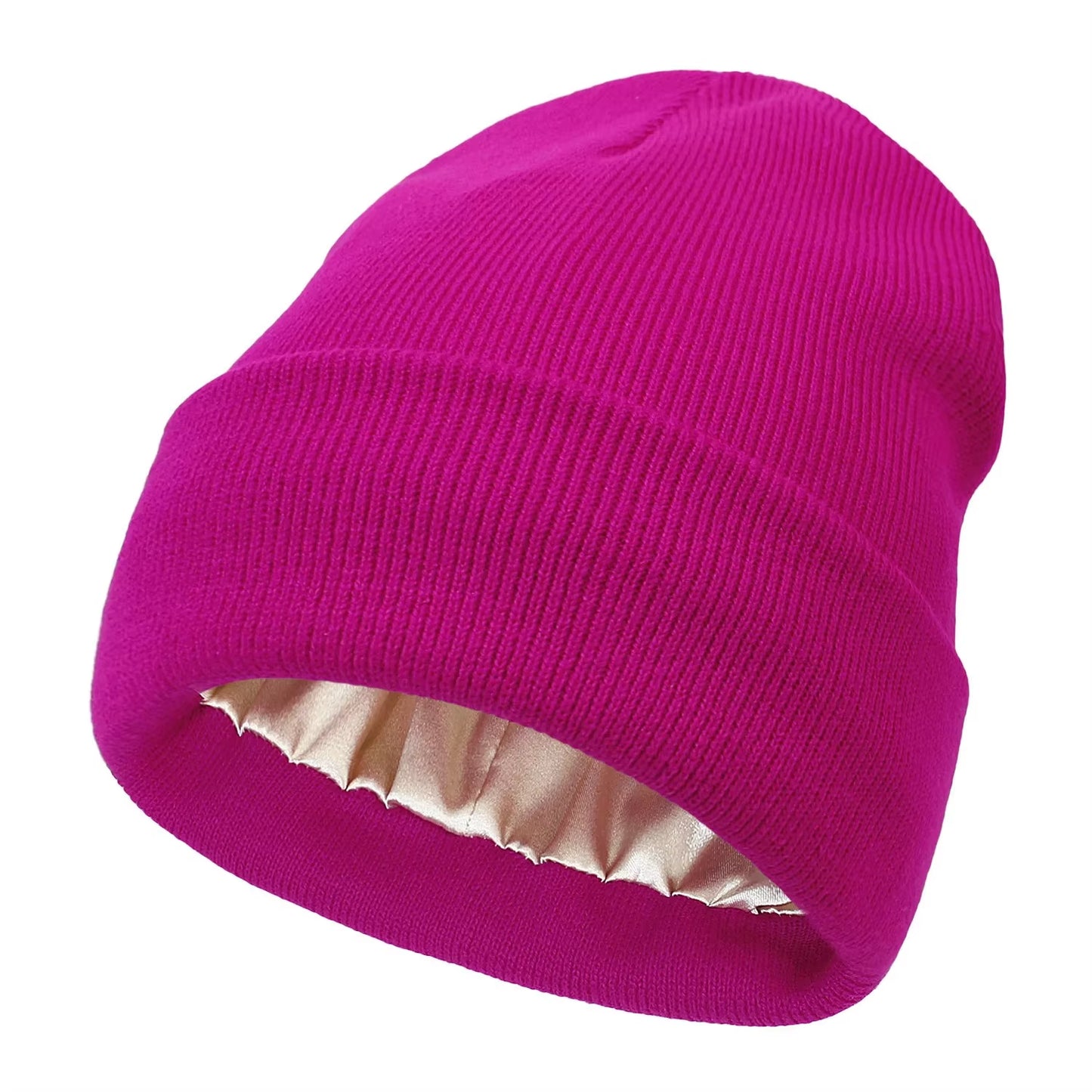 Unisex Satin Lined Beanie Hat for Women Winter Silk Lining Slouchy Warm Cuffed Skullies 2Layer Hair Cover Sleep Cap