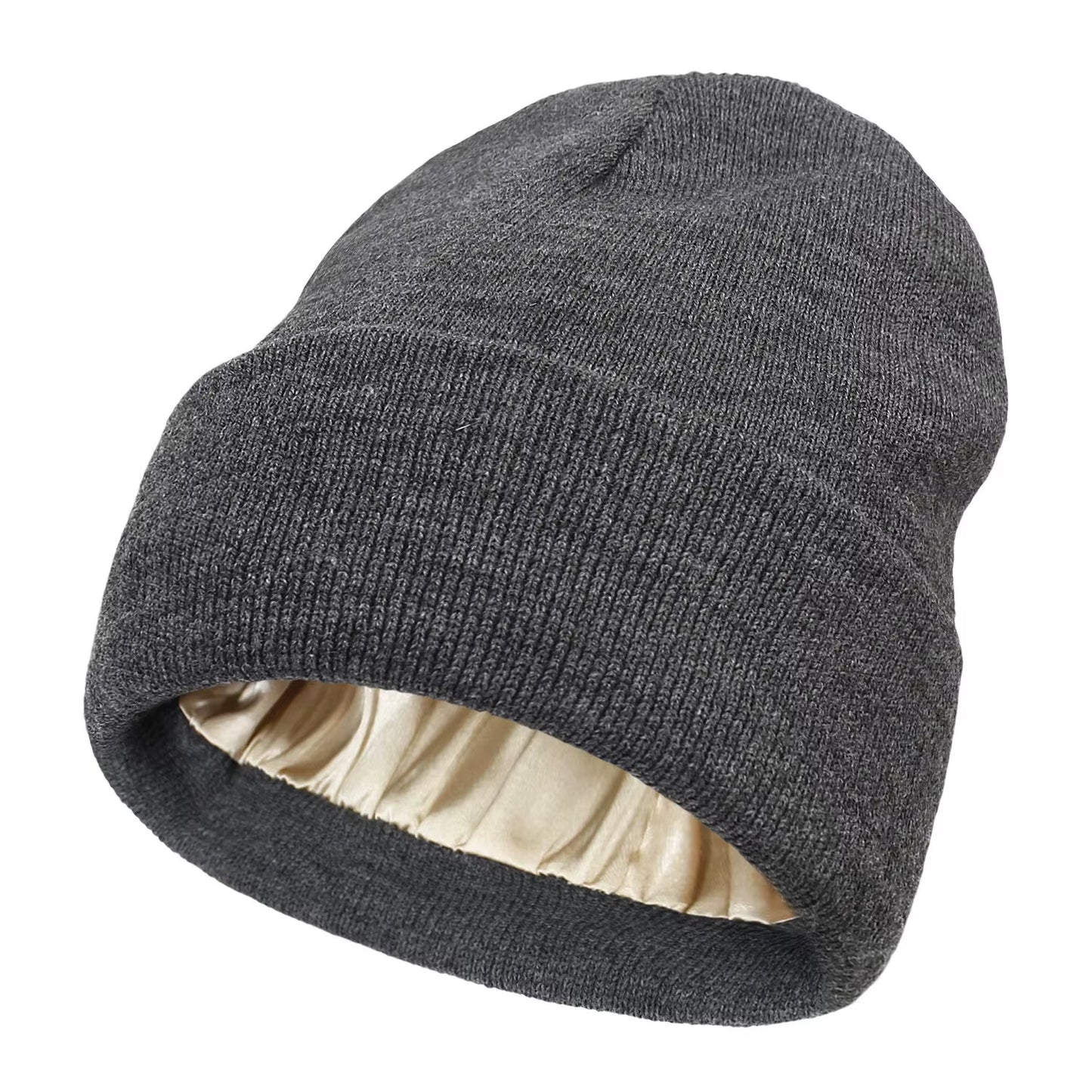 Unisex Satin Lined Beanie Hat for Women Winter Silk Lining Slouchy Warm Cuffed Skullies 2Layer Hair Cover Sleep Cap