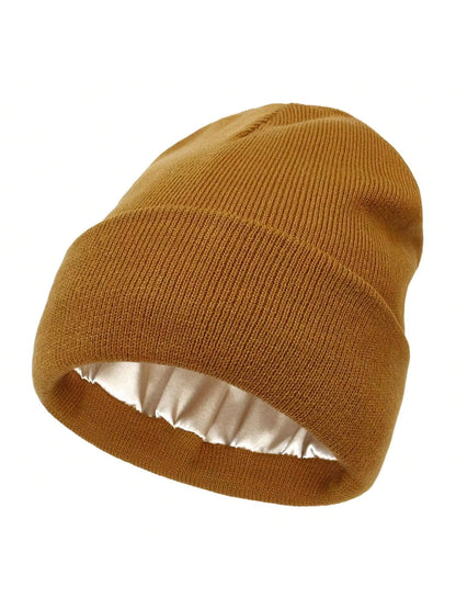 Unisex Satin Lined Beanie Hat for Women Winter Silk Lining Slouchy Warm Cuffed Skullies 2Layer Hair Cover Sleep Cap