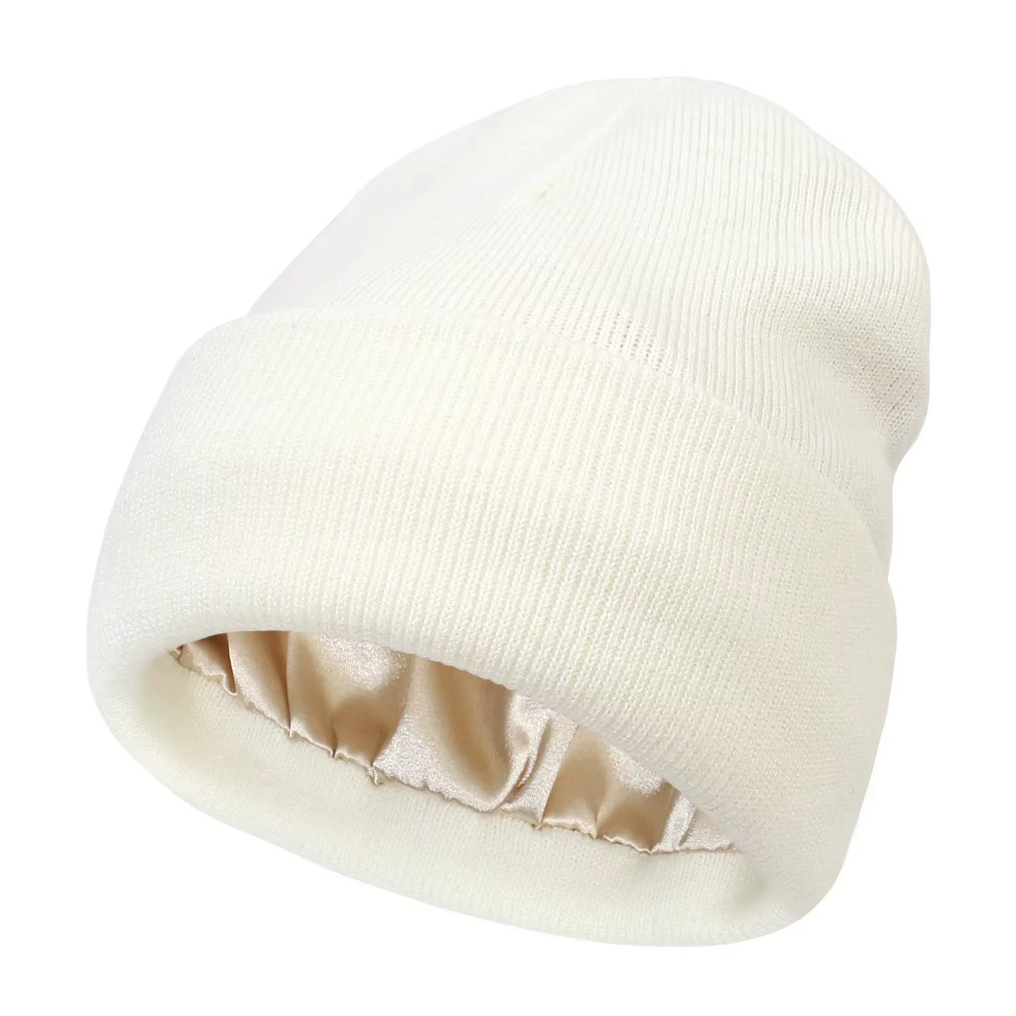 Unisex Satin Lined Beanie Hat for Women Winter Silk Lining Slouchy Warm Cuffed Skullies 2Layer Hair Cover Sleep Cap